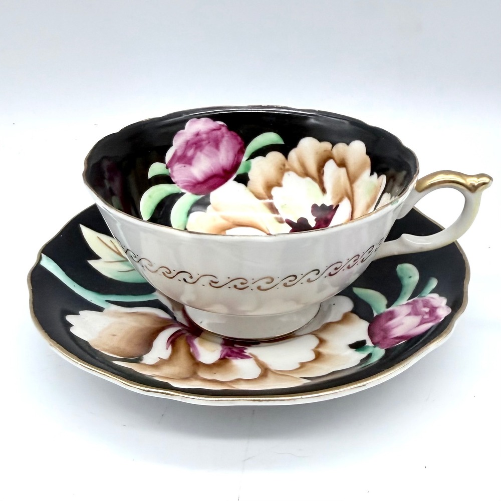 Orion China Teacup Saucer Set Occupied Japan Hand Painted Black Floral Peony - Picture 2 of 4